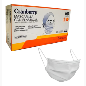 Mascarilla 3 Pliegues con Elastico Cranberry 50un